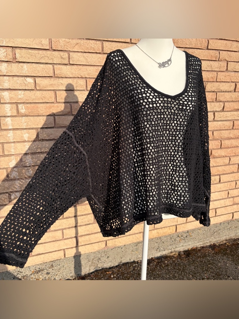 Black Free People Fishnet Crochet Oversized Sweater